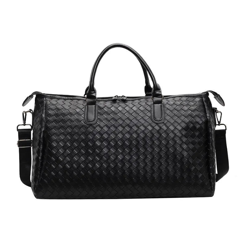 Vintage travel bag men's large capacity PU leather handbag solid colour black leisure travel portable storage