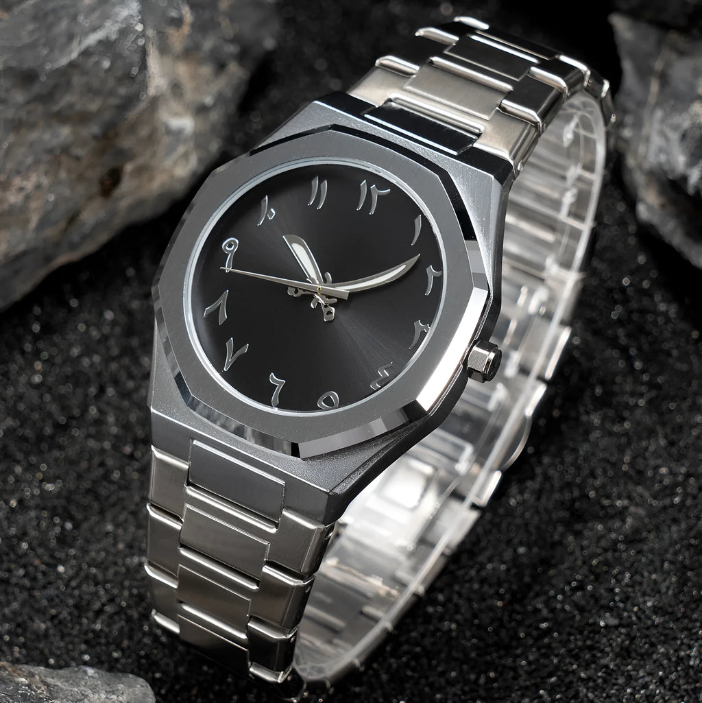 Business casual men's watch with steel strap and quartz movement, shown in black, silver, and black silver scale colour options.