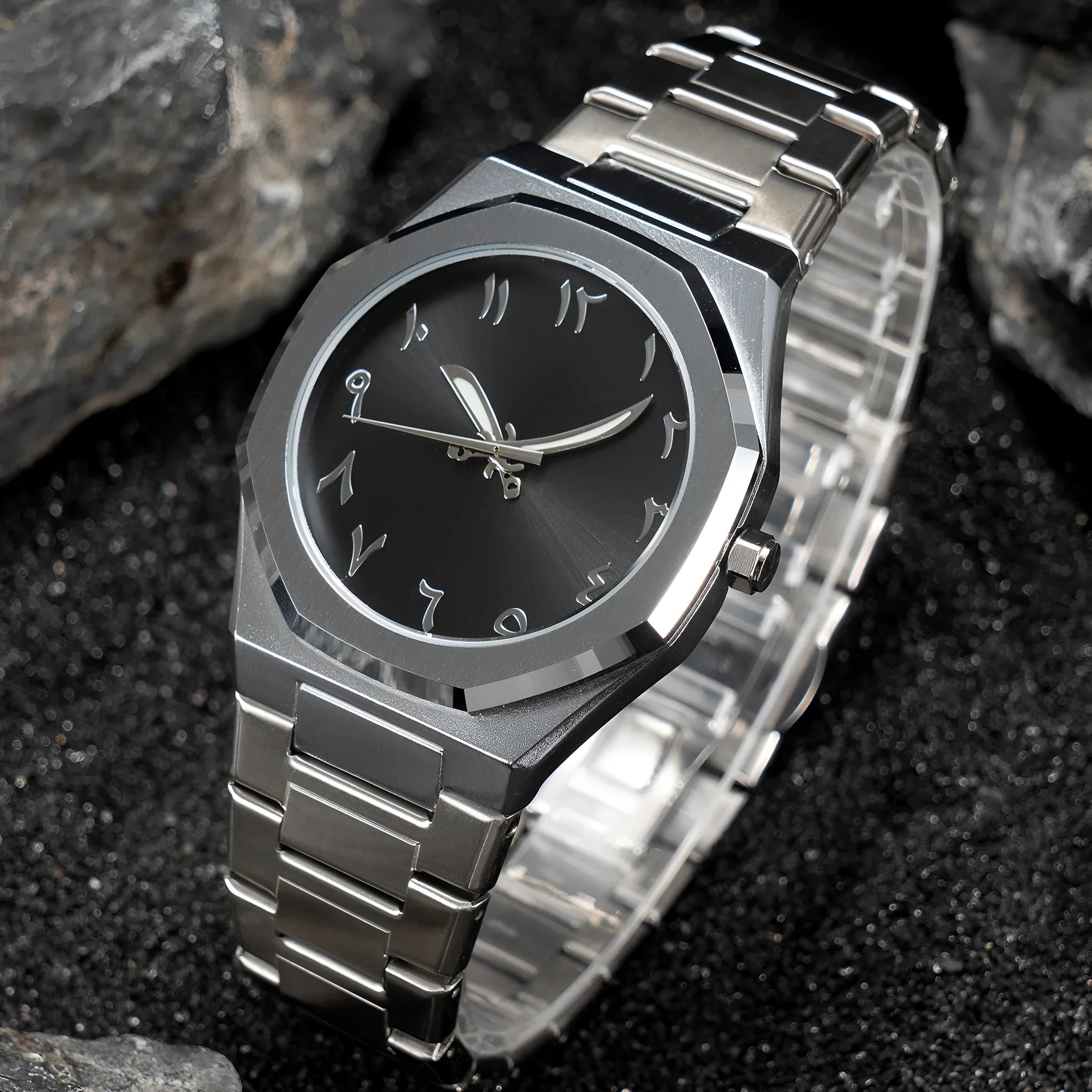 Business casual men's watch with steel strap and quartz movement, shown in black, silver, and black silver scale colour options.