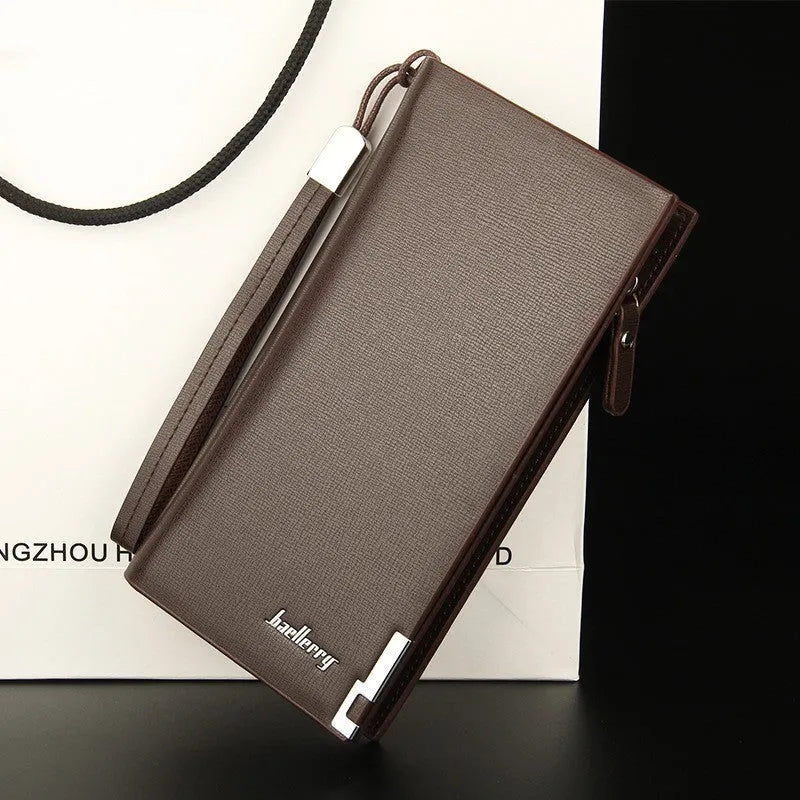 Men's long black PU leather wallet with a zipper, multiple card slots, and RFID protection.