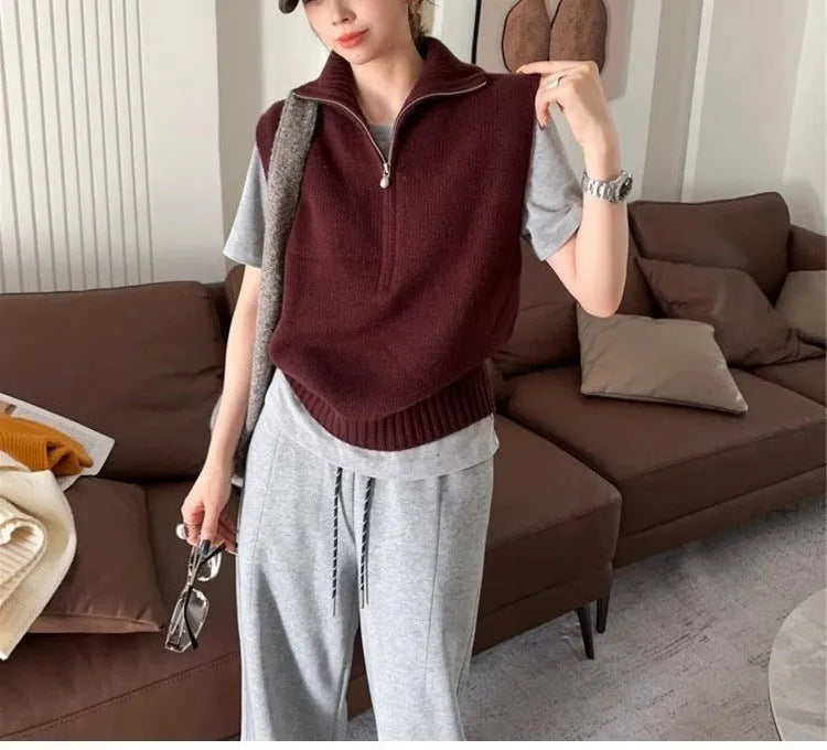 Retro half zipper sleeveless knit vest in polyester mesh fabric showing Japanese casual style