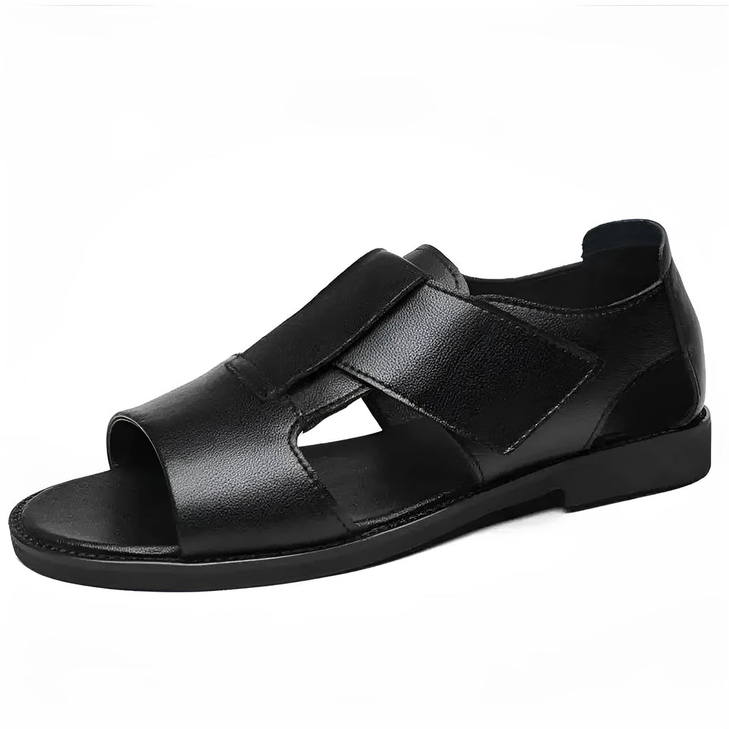 Men's black leather casual sandals with open toe and rubber sole on a white background