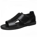 Men's black leather casual sandals with open toe and rubber sole on a white background