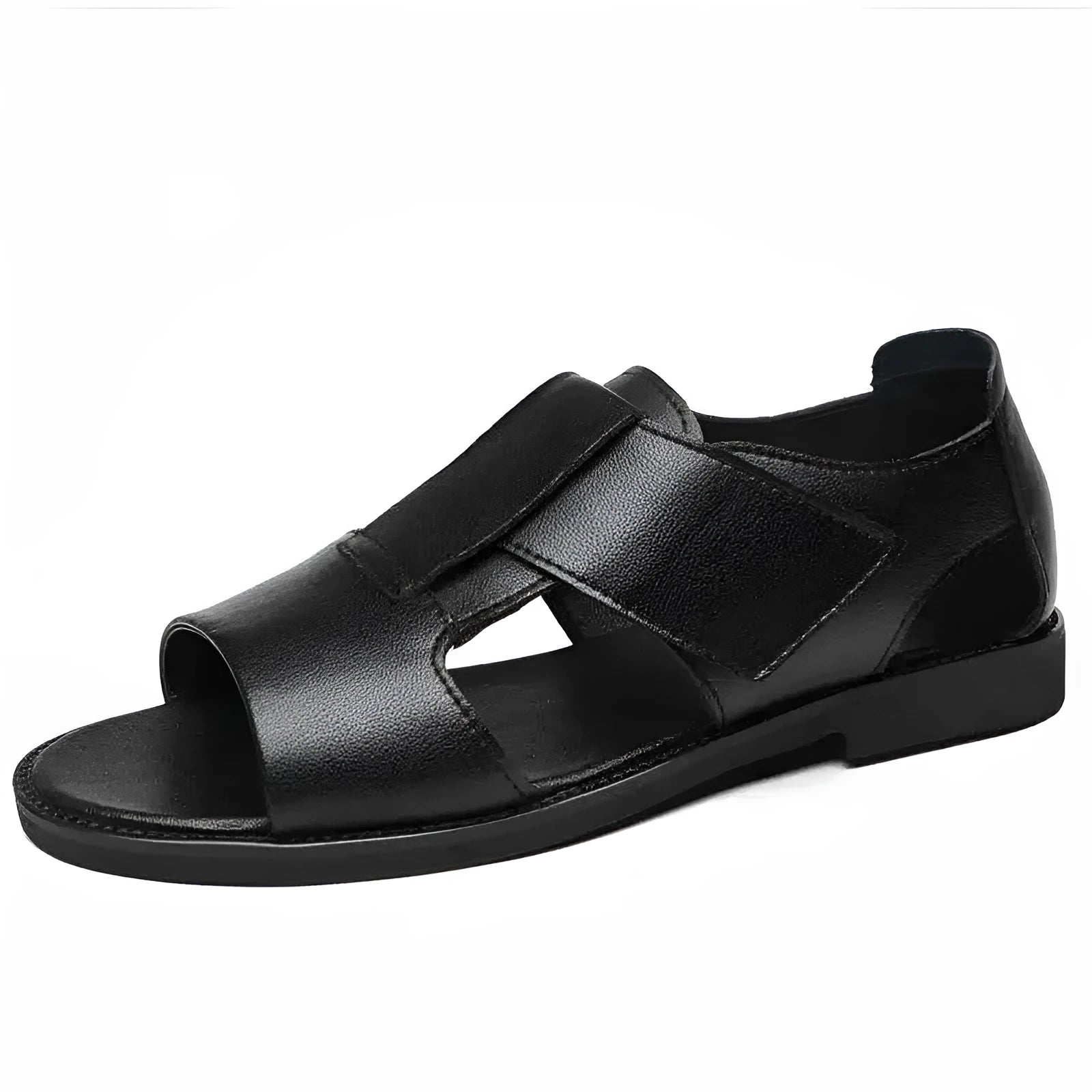Men's black leather casual sandals with open toe and rubber sole on a white background