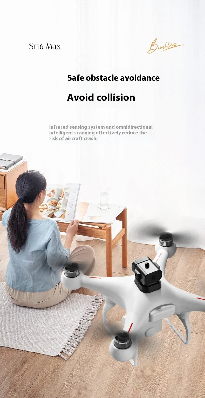 S116 black and white HD brushless UAV drone with four propellers and camera, shown with remote control.