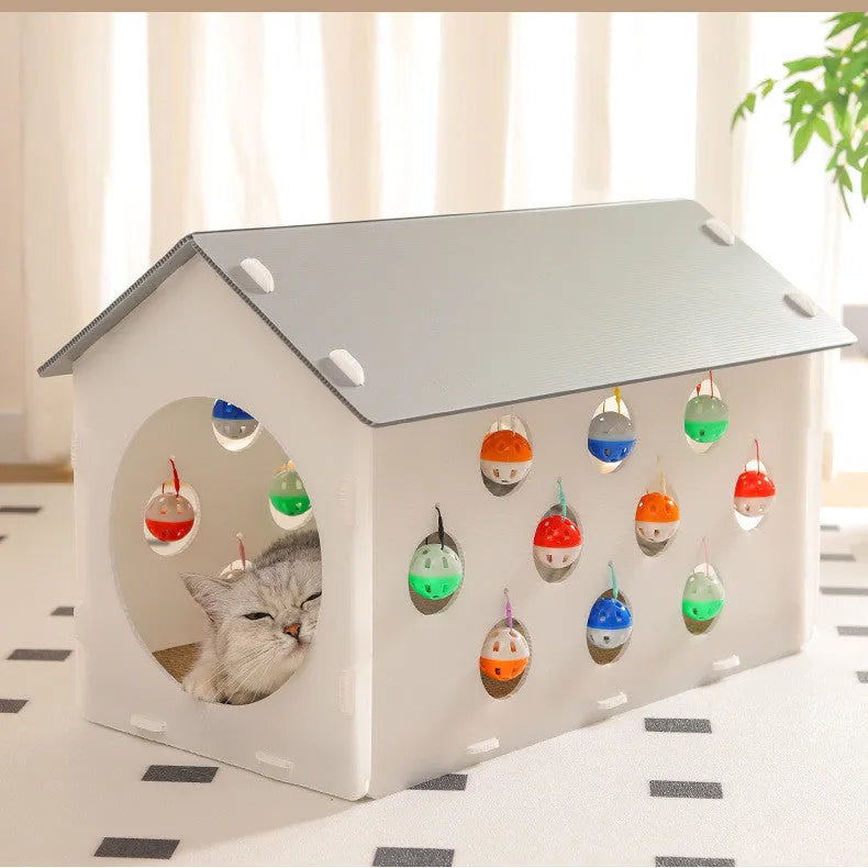 Plastic cat scratch board and nest integrated toy with bell ball tunnel