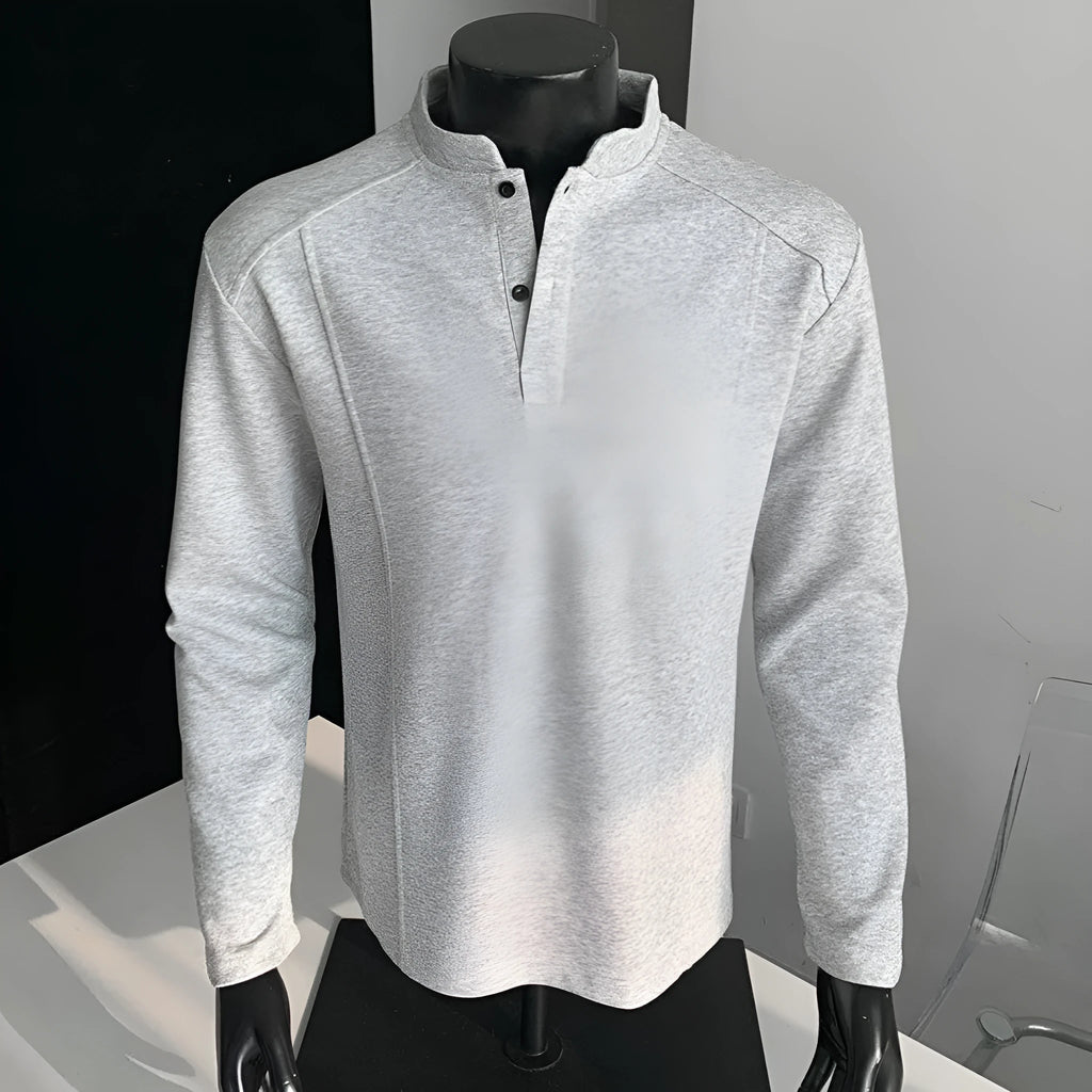 Men's asymmetric patchwork stand-up collar long sleeve cotton polo shirt in loose fit