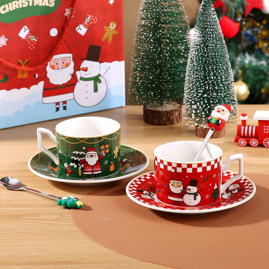 Nordic Santa Claus ceramic coffee mug set with cartoon pattern, 200ml capacity, and matching stainless steel spoon