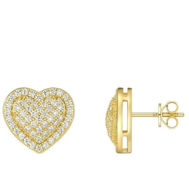 A pair of gold-colour heart-shaped stud earrings with a moissanite stone, on a plain background.