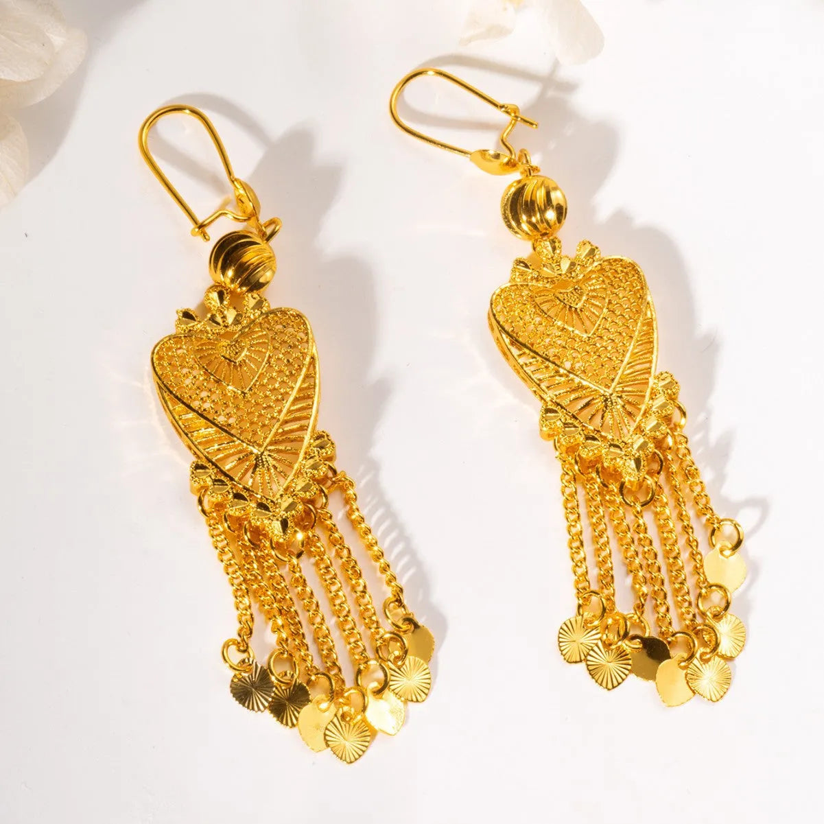 Golden hollow heart tassel long drop copper earrings for women retro OL style