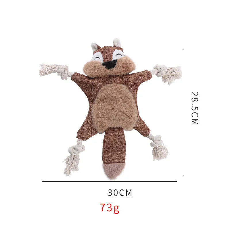 Brown plush fox dog toy with embroidered eyes, cotton rope arms and legs with knots.