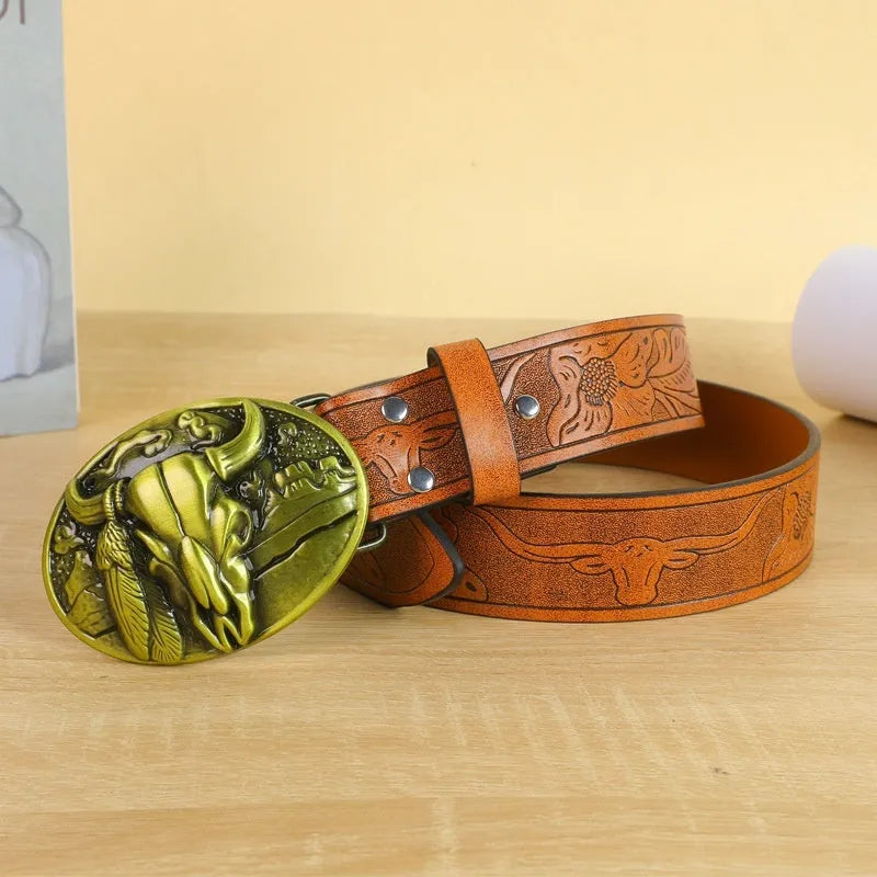 Men's imitation leather belt with electroplated cow head alloy buckle, 125 cm length