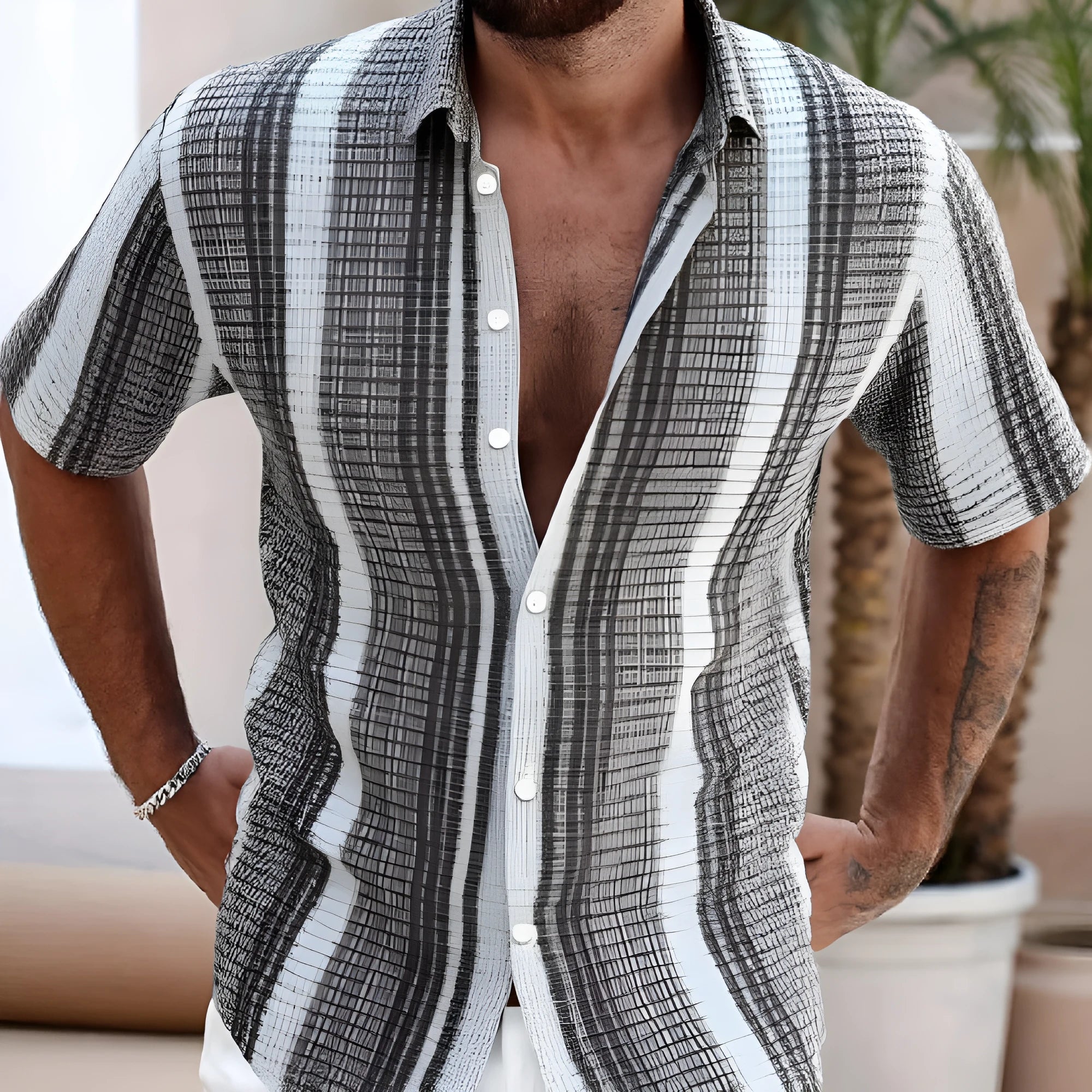 Men's slim fit casual shirt with 3D floral print on lightweight polyester fabric