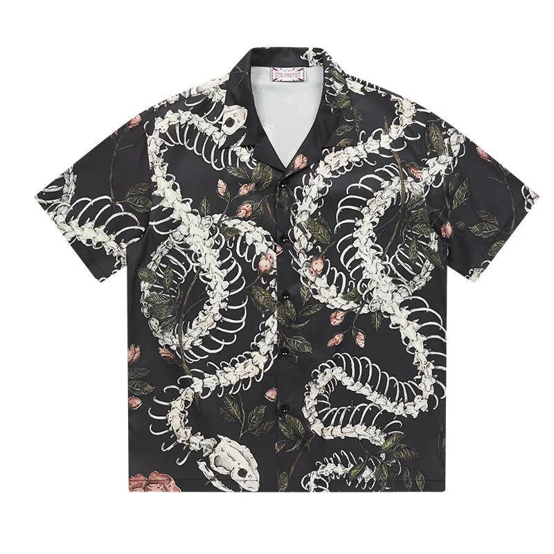 Snake bone pattern Cuban collar shirt with floral print and short sleeves