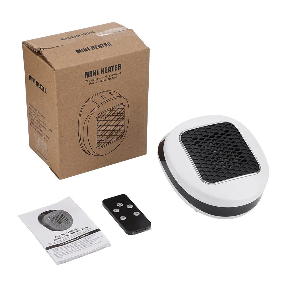White ceramic heating electric blower heater with remote control on table