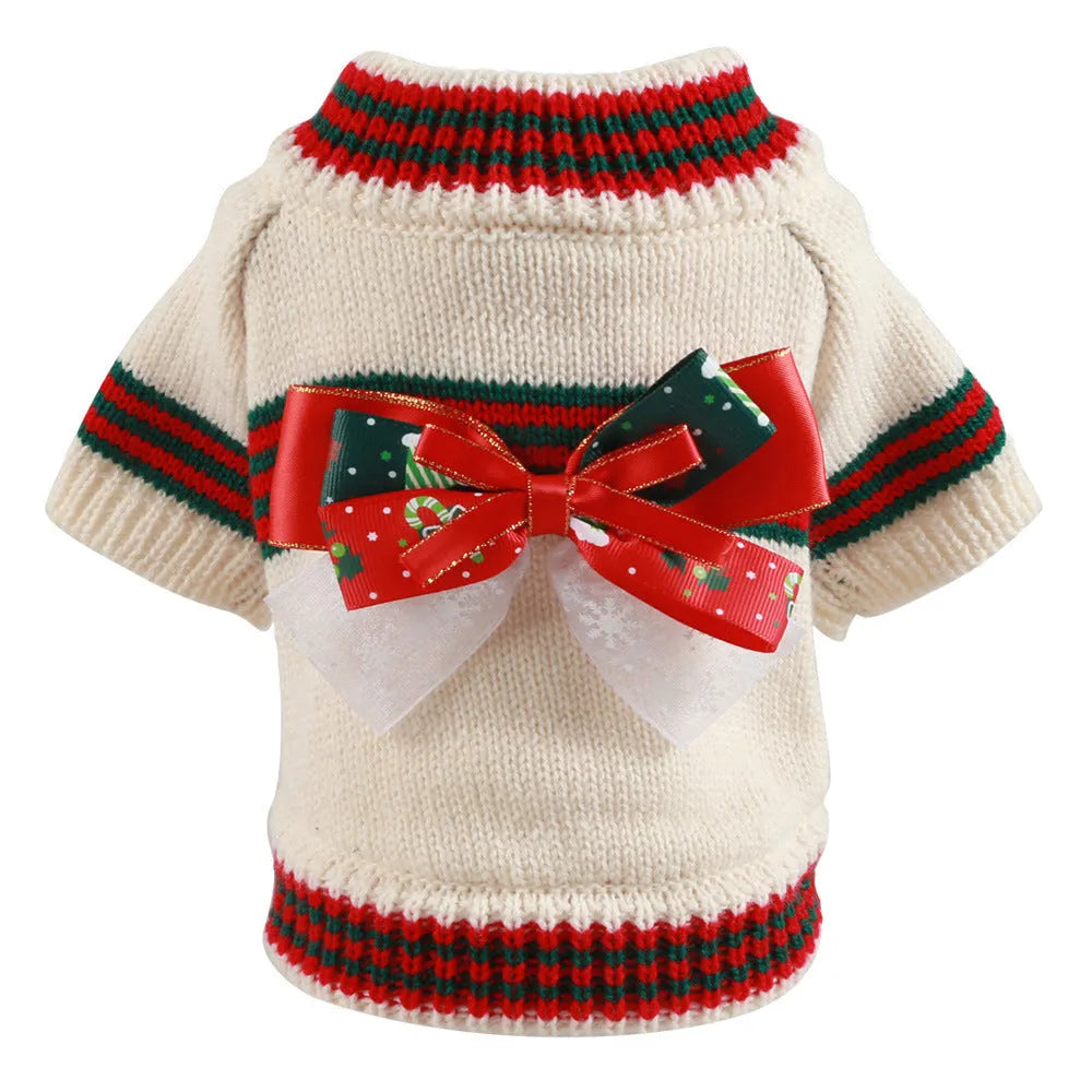 Red polyester Christmas dog jumper on small dog showing festive patterns and pullover design