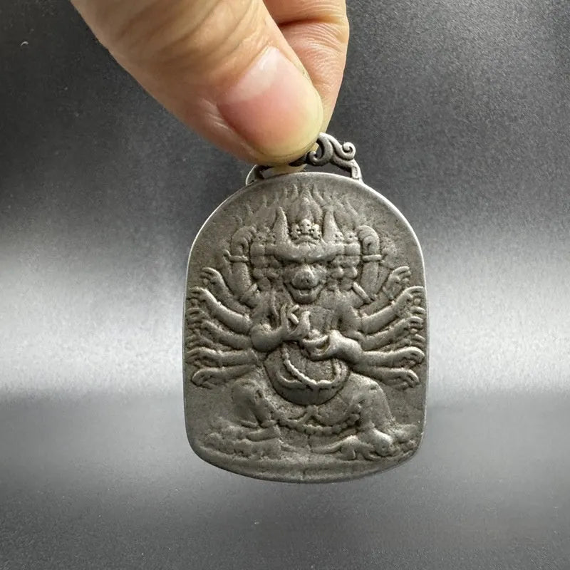 Iron metal pendant with Chinese geometric style and Buddhist Yamantaka deity design