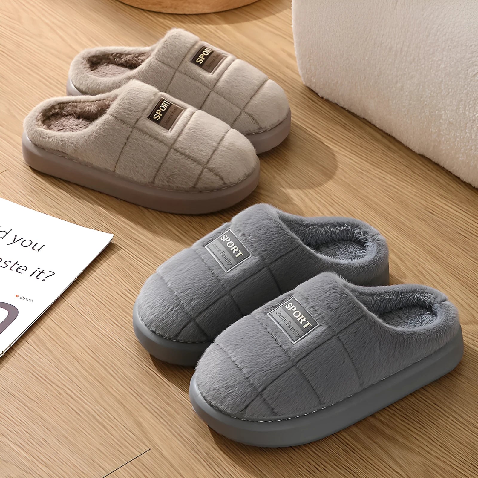 Men's plaid rabbit hair slippers with thick sole, shown in brown and grey colour options