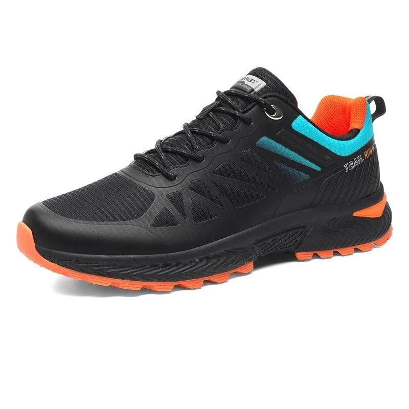 Men's black breathable mesh outdoor running shoe with lace-up front and rubber sole.
