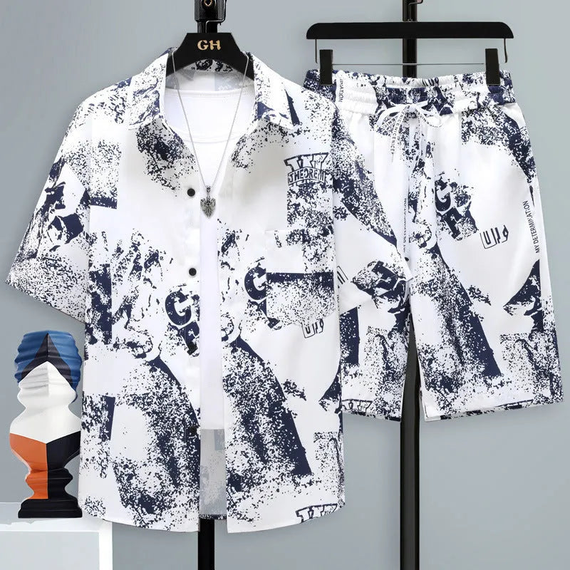 Men's casual sports shorts two-piece set with short sleeve top and matching polyester shorts