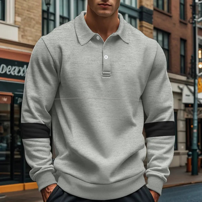 Men's long-sleeved lapel polo shirt with button front in five colour options including khaki and black