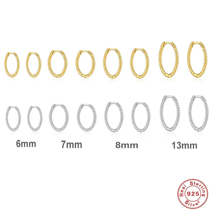 S925 Sterling Silver twisted string round ring earrings in gold or white gold plating, showing geometric design.