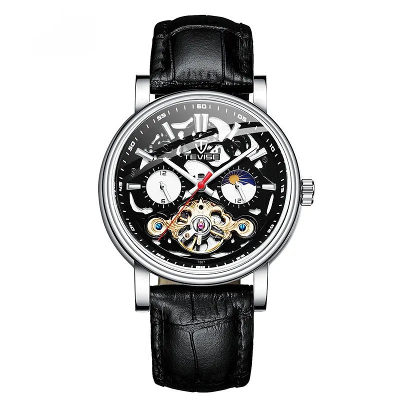 Men's black dial mechanical tourbillon watch with luminous hands on a stainless steel bracelet.