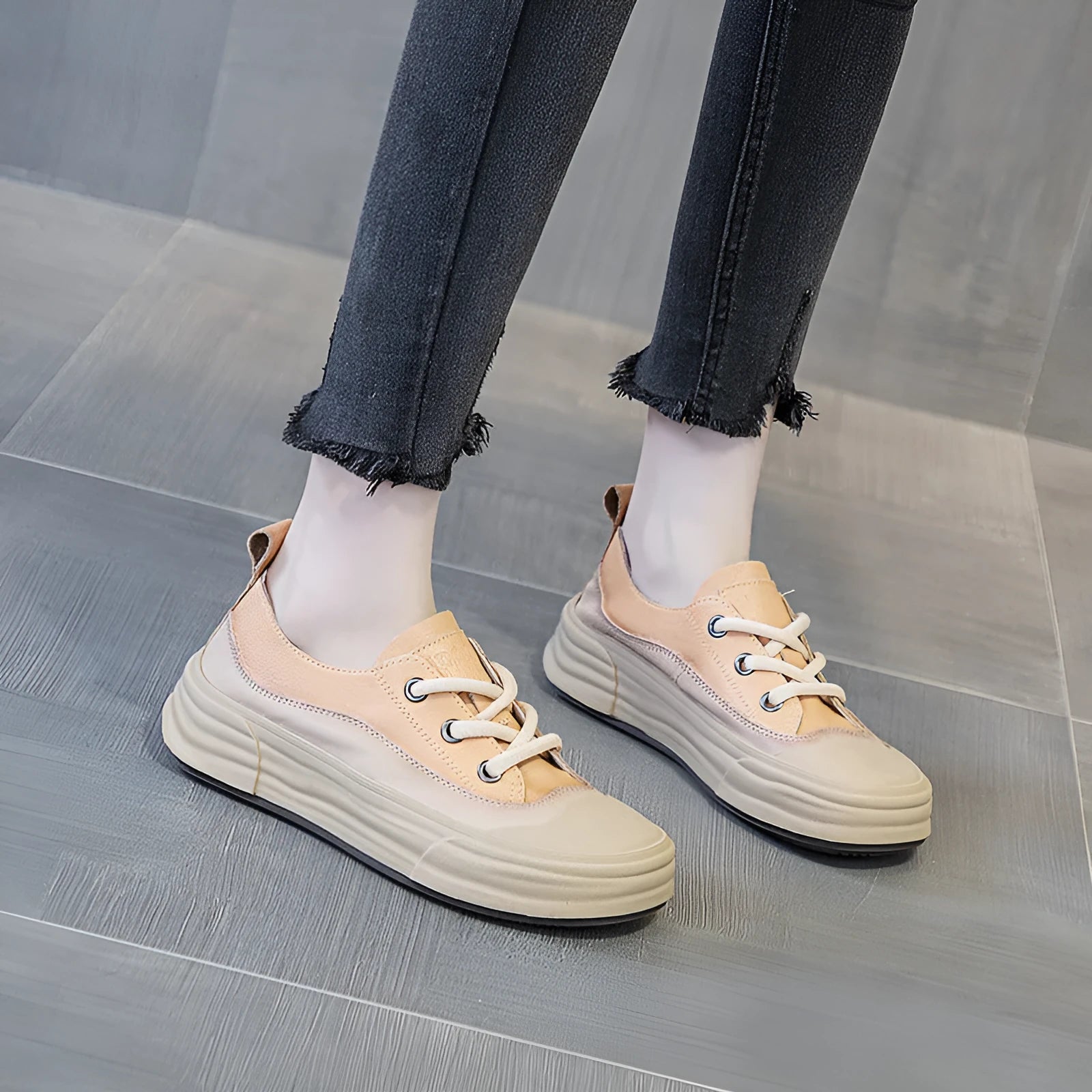 Women's leather platform sneakers in matcha green, side view showing round toe and lace-up design.