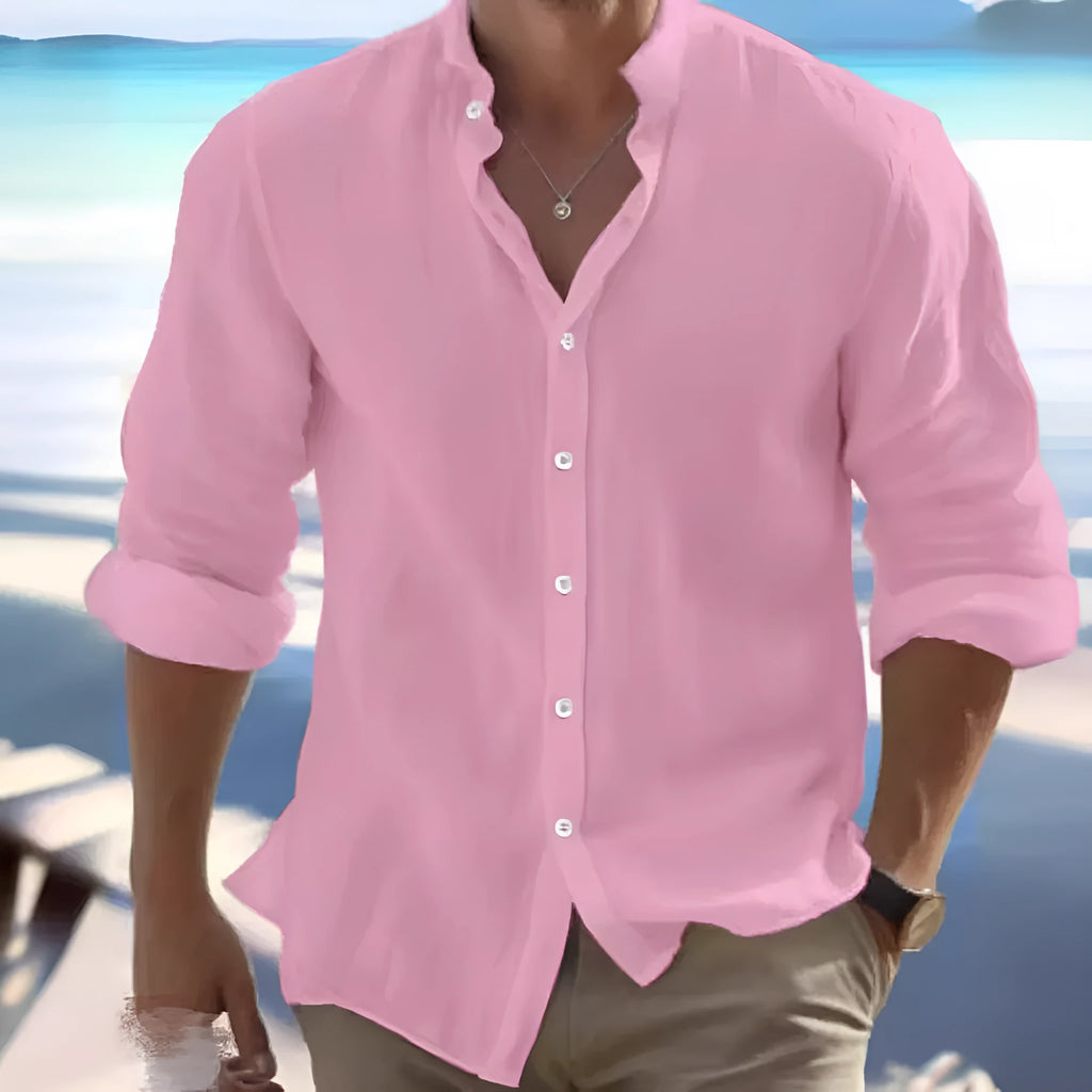 Men's light grey linen pullover shirt made from long-staple cotton for casual summer wear.