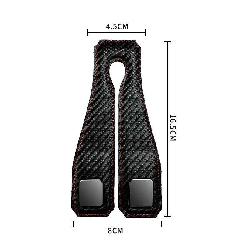 Black carbon fibre metal car hook clipped to headrest with 25kg load capacity