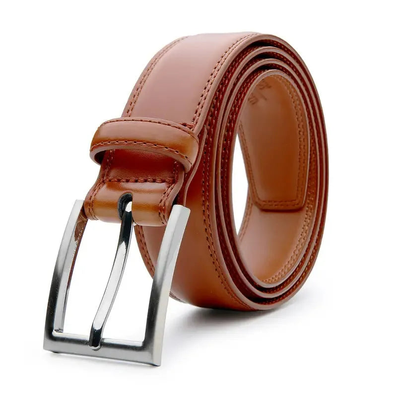 Men's brown genuine leather casual belt with alloy buckle showing 95-grain texture