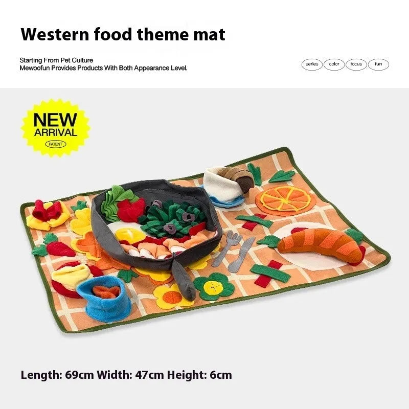 Fabric dog sniffing mat with printed garden camping theme pattern for hiding treats.