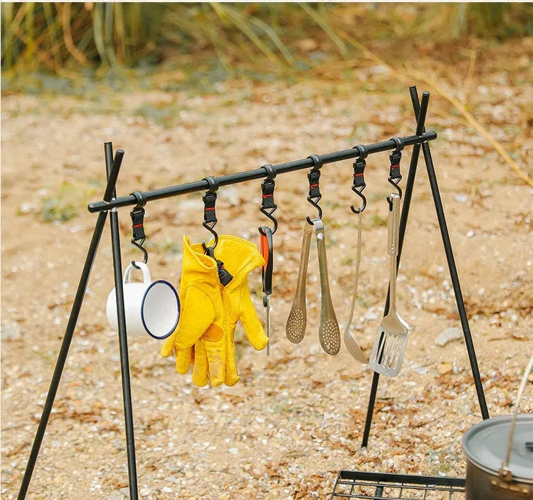 Folded and unfolded aluminium camping drying rack with hooks and side hanger.