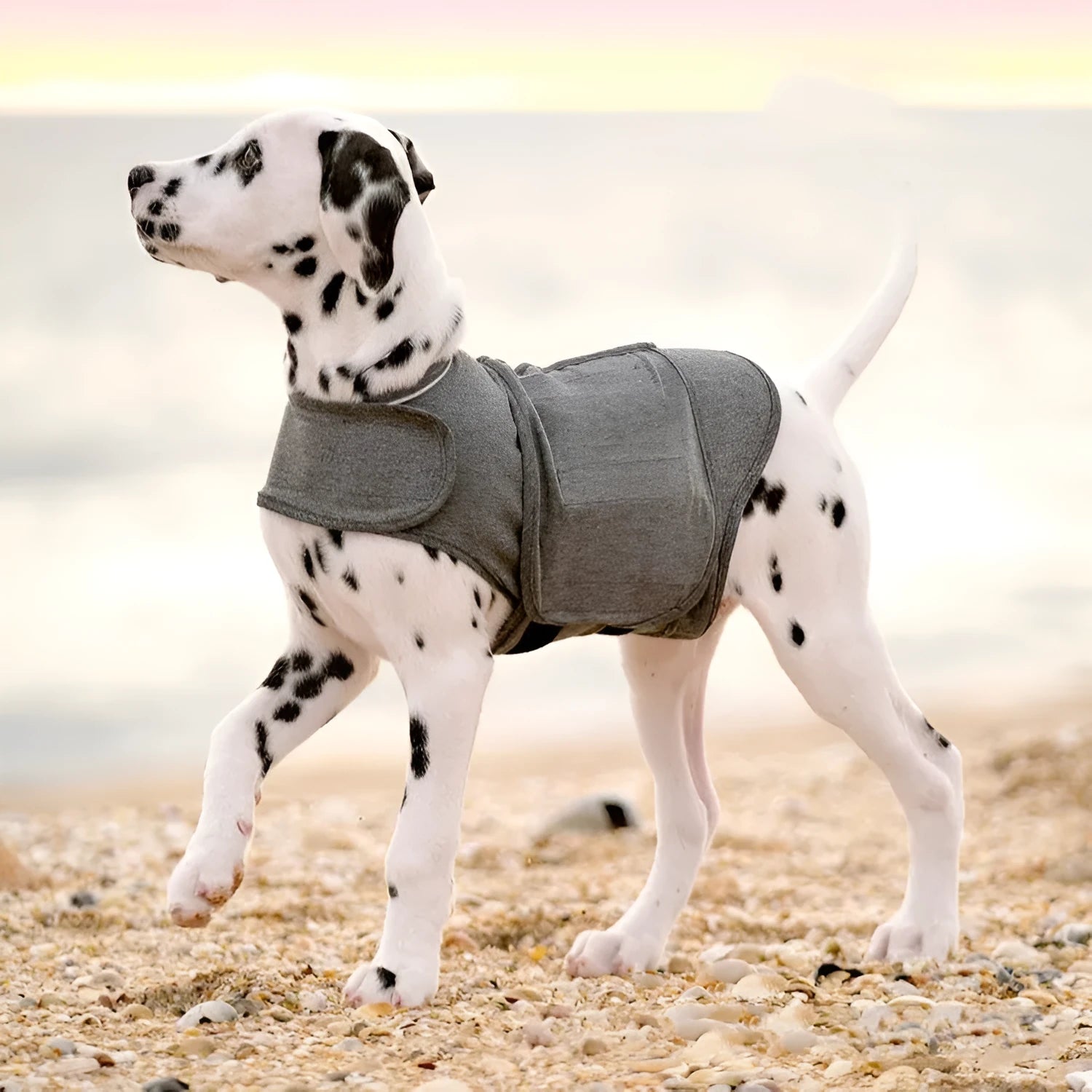 Heather grey dog anxiety vest made from brocade cotton fabric, size L for 12-18kg dogs.