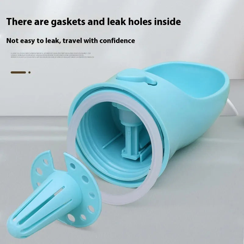 Blue portable dog water bottle with a collapsible bowl extended, showing the two-in-one design.