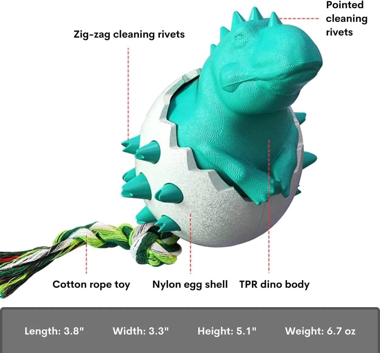 Blue durable dinosaur-shaped dog chew toy with textured grooves and an attached rope for aggressive chewers