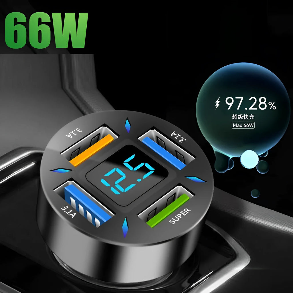 Black four-port USB car charger with LED digital display showing charging status