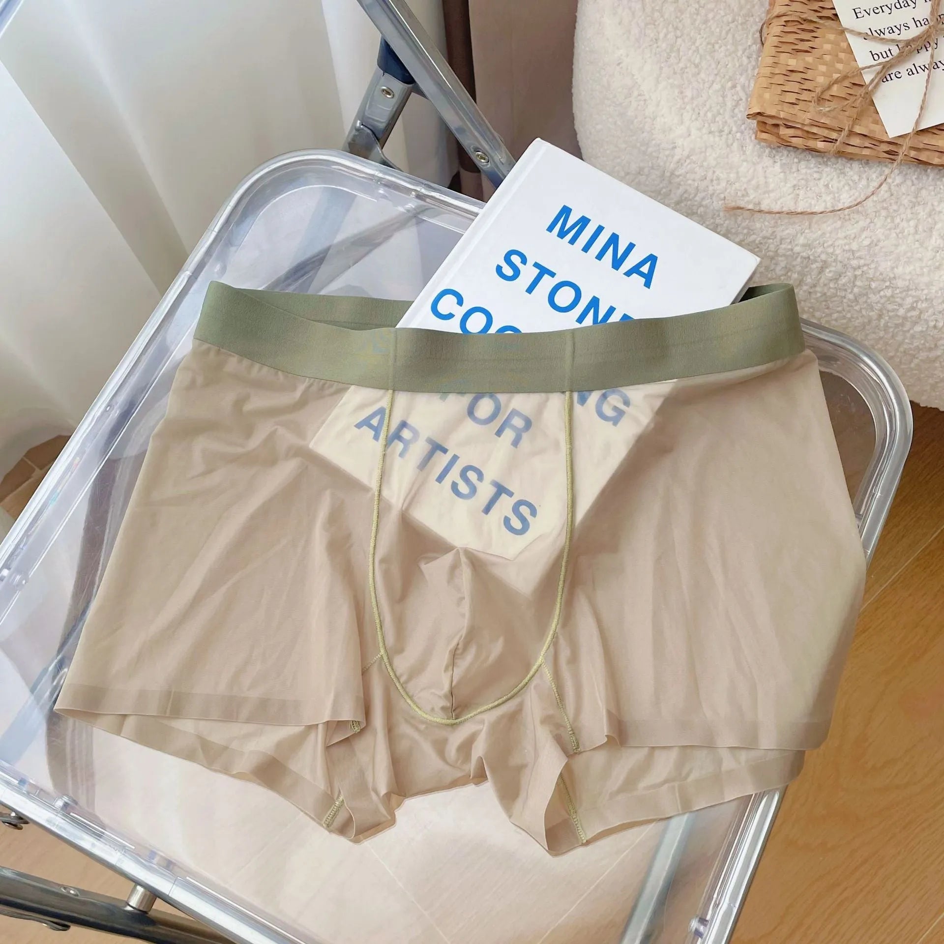 Men's thin nylon boxer shorts in rock ash colour, showing seamless construction and mid waist