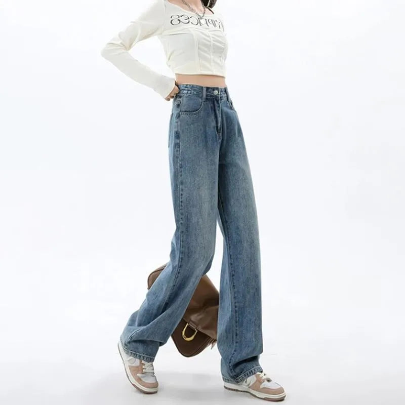 Women's high waist wide leg jeans in retro blue colour with straight leg cut