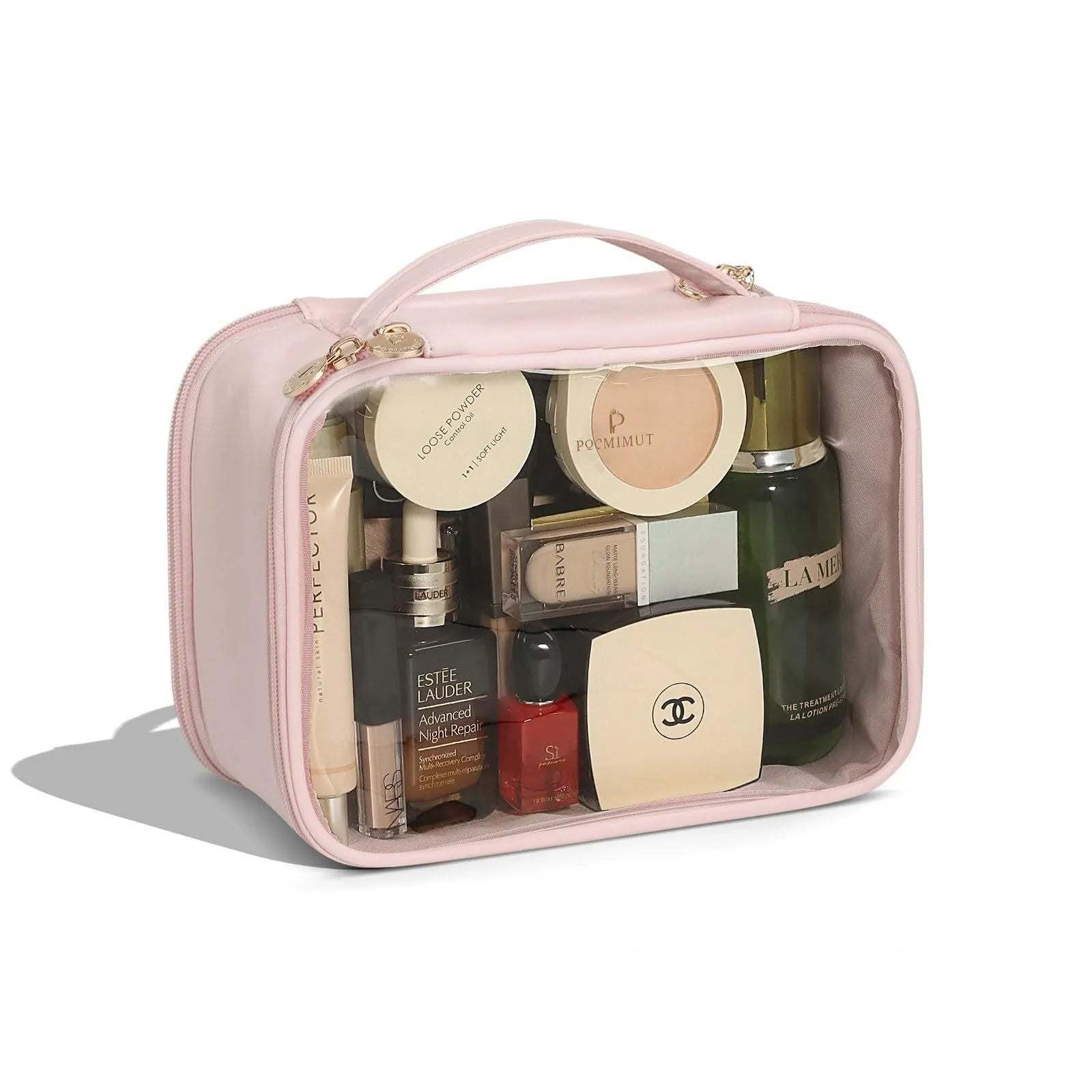 Clear PVC cosmetic bag with waterproof lining shown in a beige colour option.