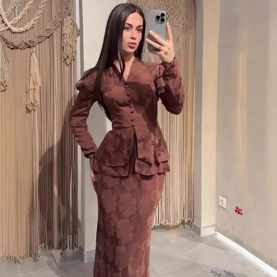Dark brown women's retro dress with long sleeves, a fake two-piece design, and a floral pattern.
