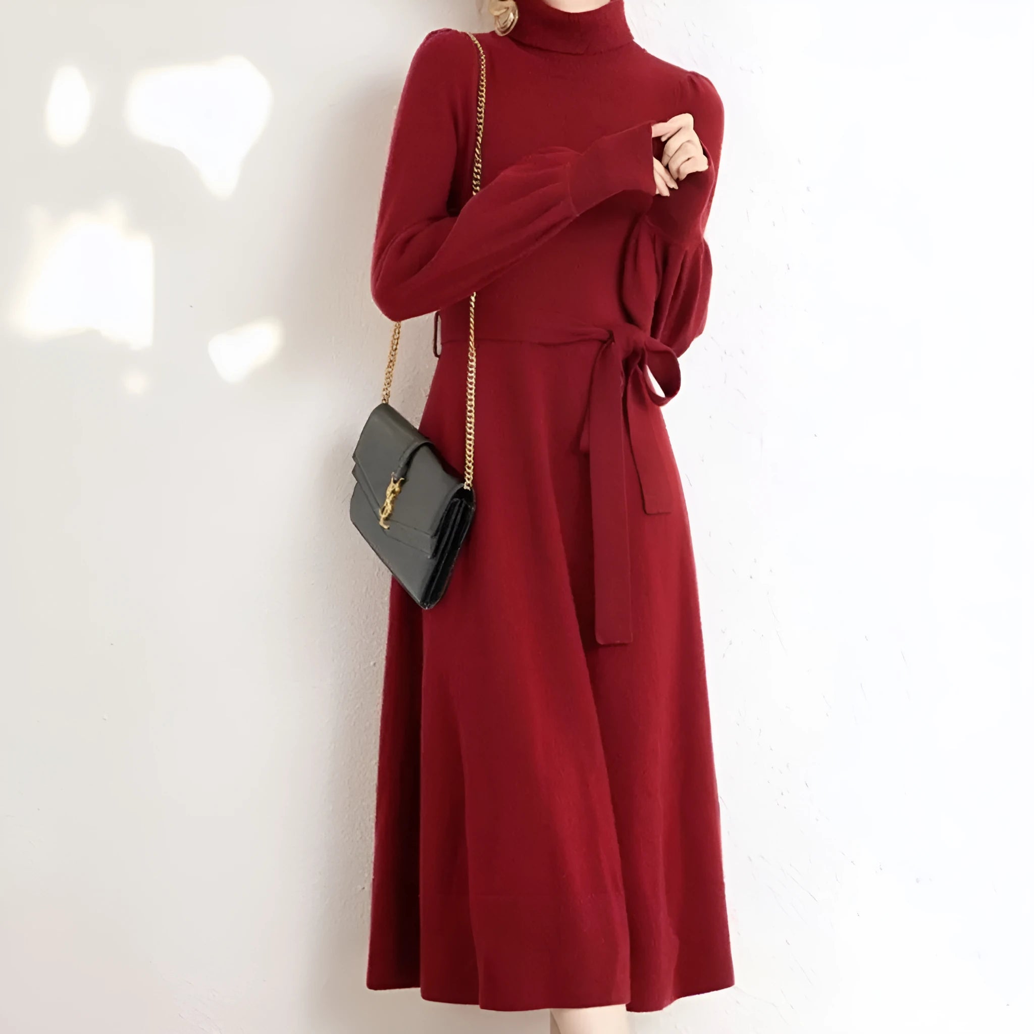 Turtleneck knitted dress with elastic waist and loose big hem in rose red colour