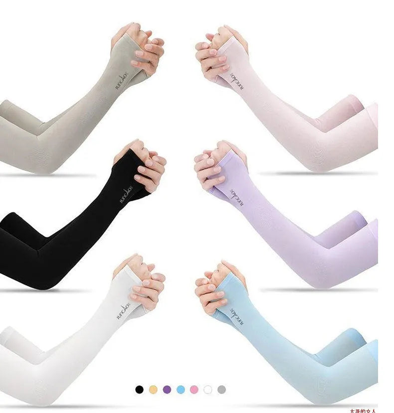 Unisex black sun protection driving sleeve with open finger design on an arm.