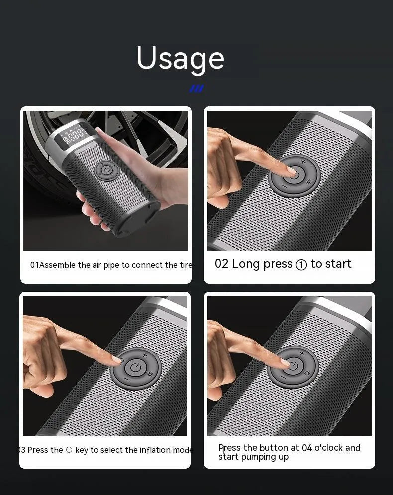 Black portable wireless air pump with USB charging cable, inflation tube, and a set of nozzles on a grey background.