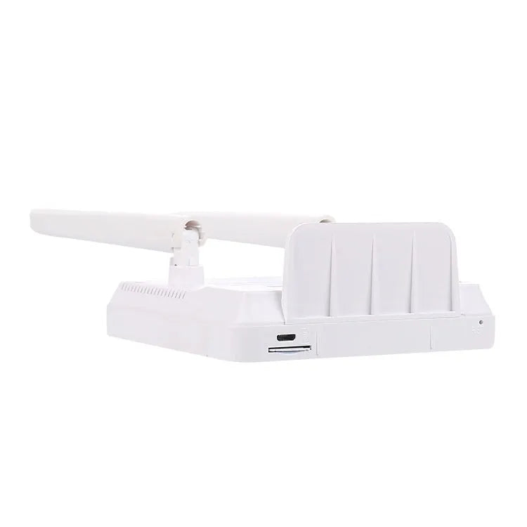 Home office shared display LTE router with two antennas, USB cable, and power adapter