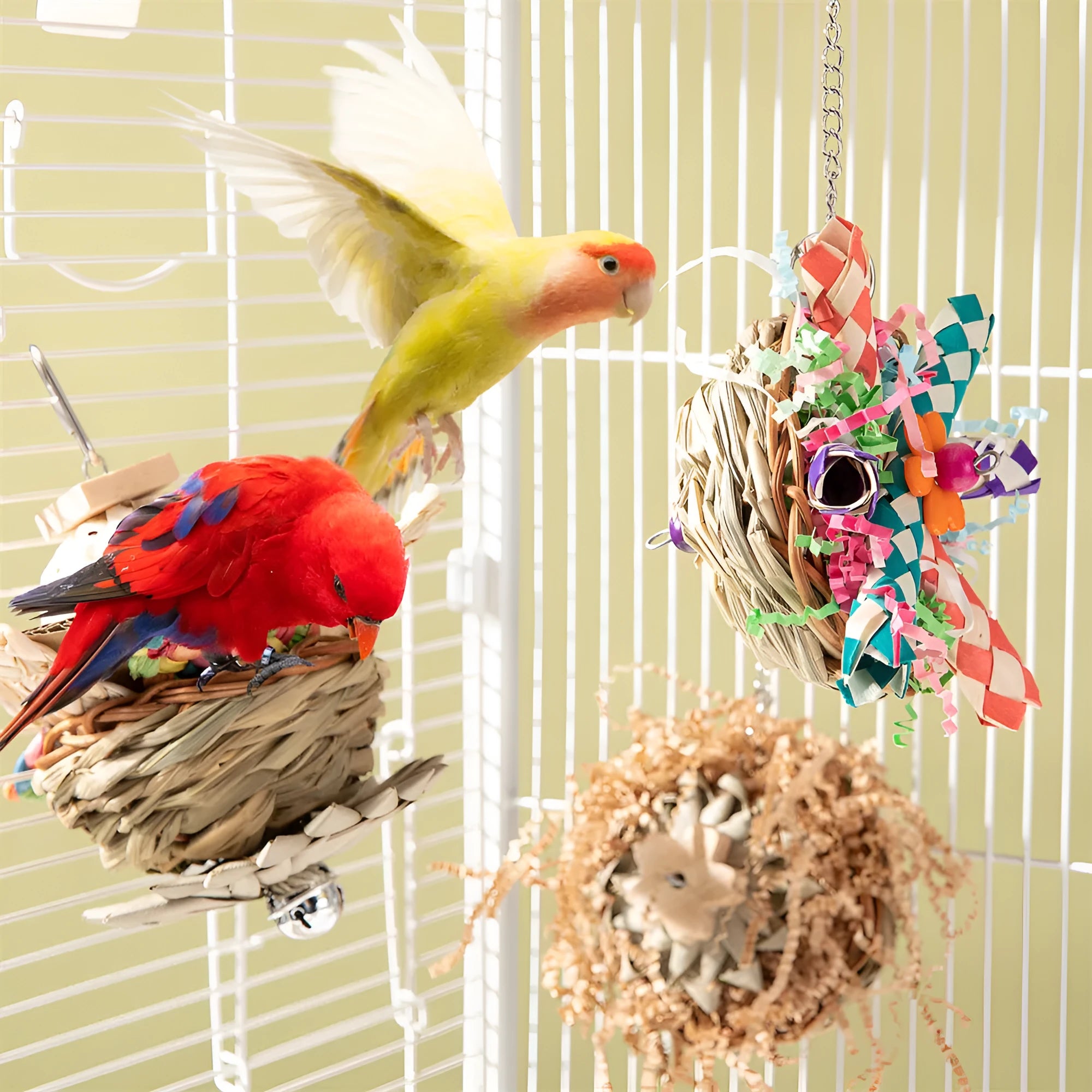 Set of three parrot gnawing molar toys labelled Type A, Type B, and Type C for bird enrichment.