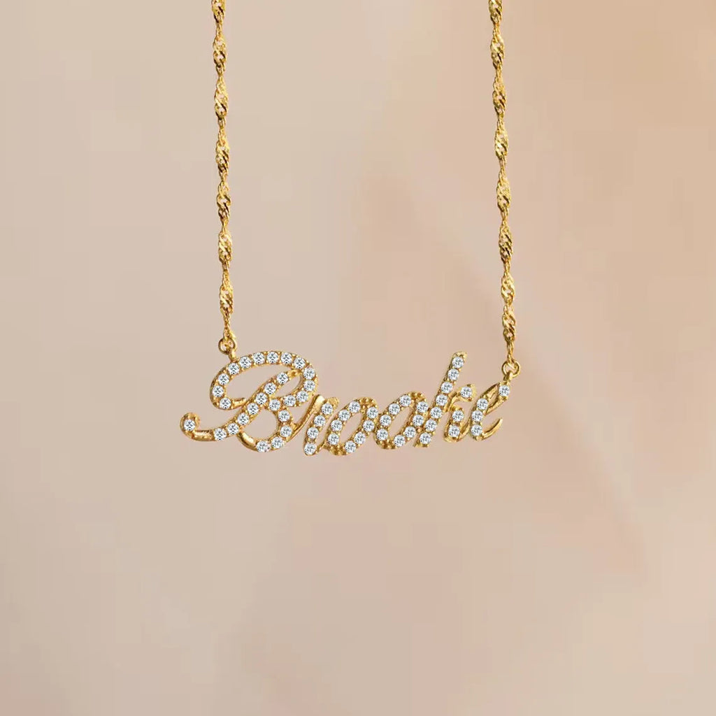 Customised copper geometric name necklace for women in gold finish