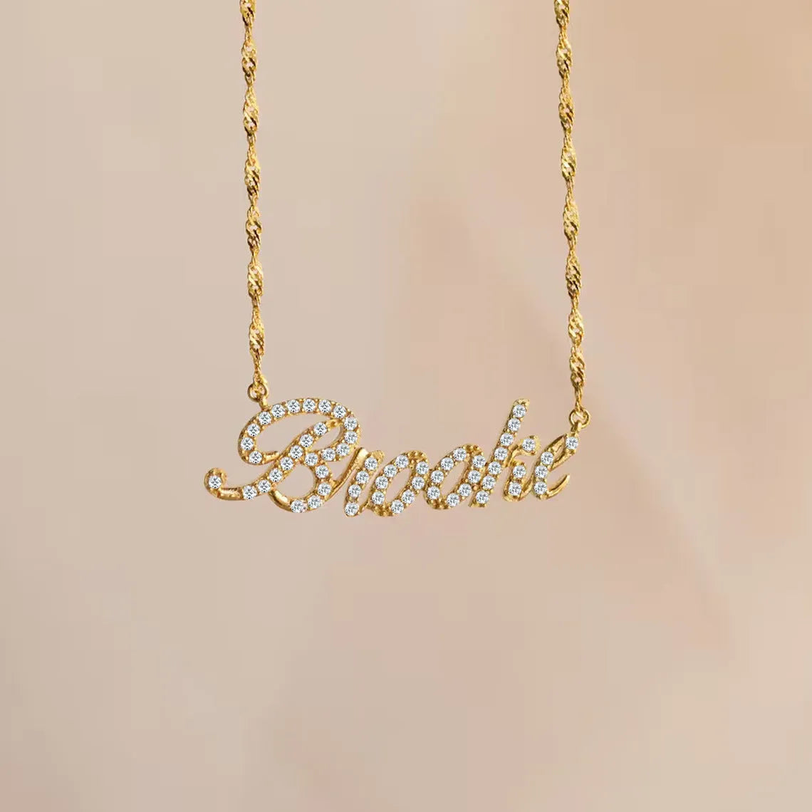 Customised copper geometric name necklace for women in gold finish