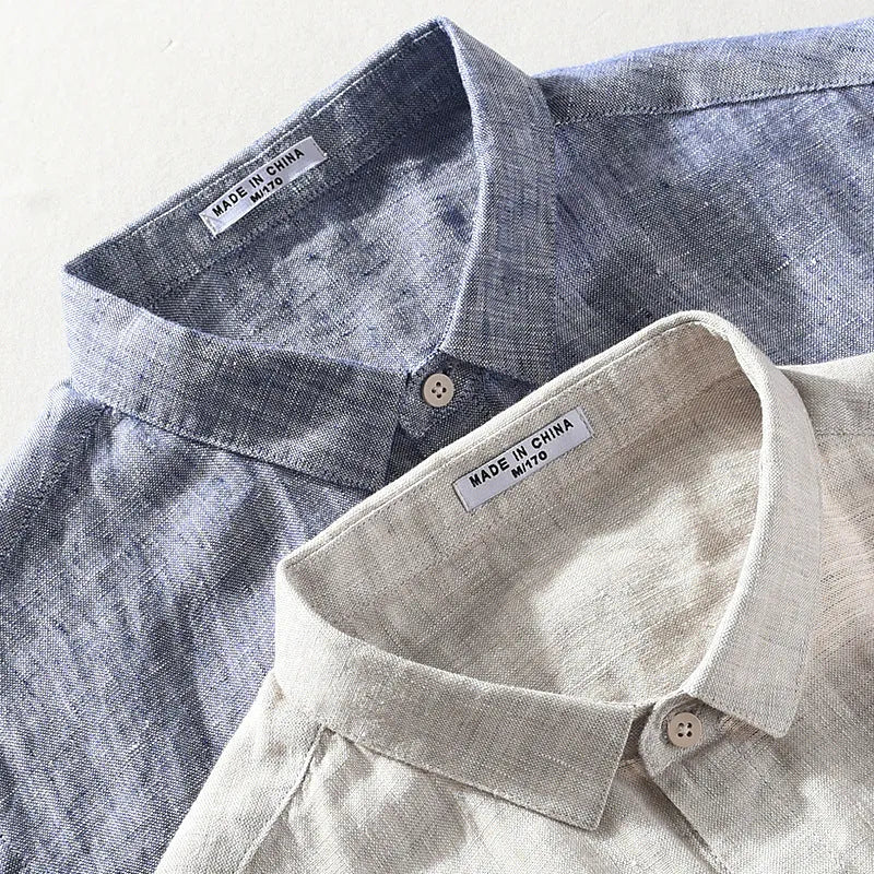 Men's short sleeve linen shirt with square collar in raw jute colour