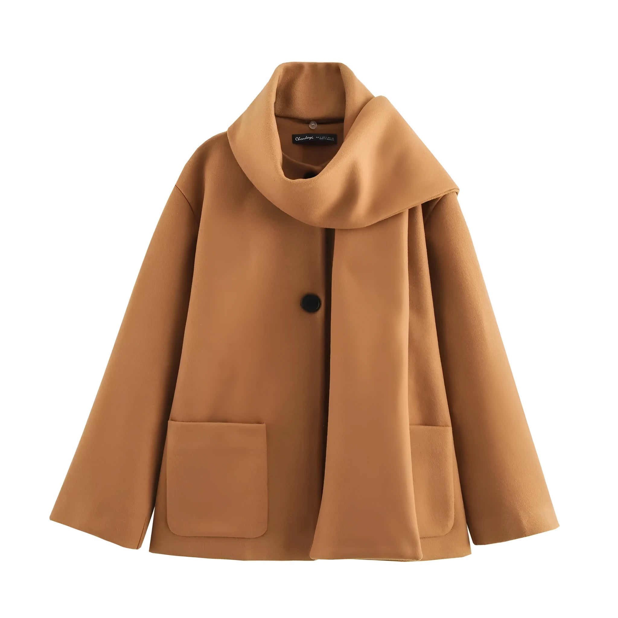 Women's long beige coat with a fluffy artificial fur collar, shown on a model.